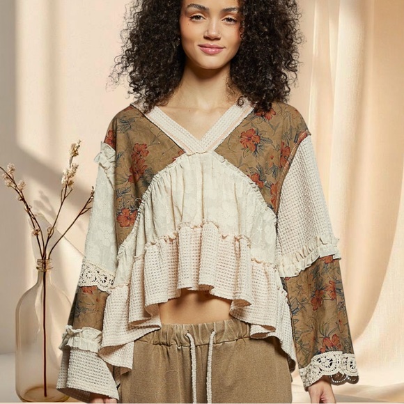POL Cream Floral Patchwork Top | Lace Mixed-Sleeve Blouse - Picture 1 of 7